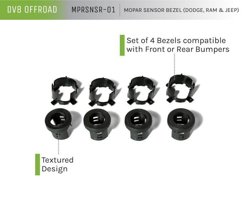Load image into Gallery viewer, DV8 Offroad Jeep/Dodge/RAM Front Bezel &amp; Rear Clip Replacement Kit for MOPAR Sensors - Set of 4
