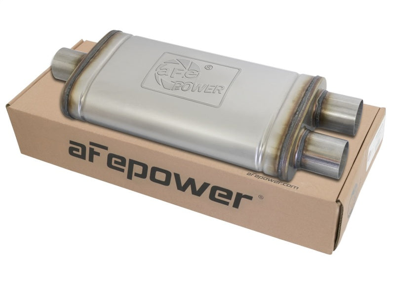 Load image into Gallery viewer, aFe MACHForce XP SS Muffler 2.5in Center Inlet / 2.5in Dual Outlets 18in L x 9in W x 4in H Body
