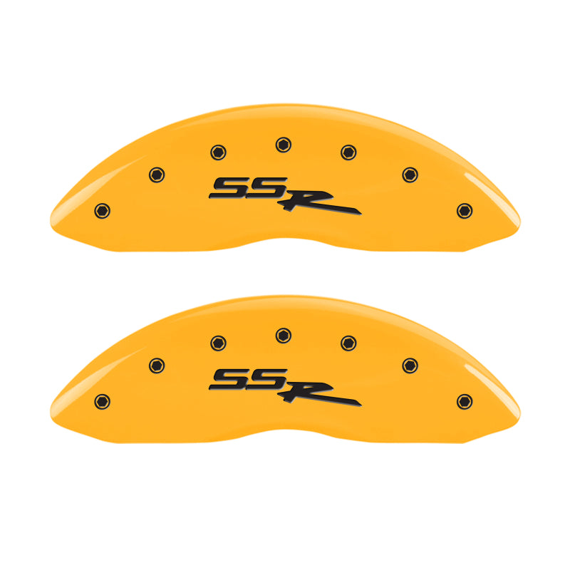 Load image into Gallery viewer, MGP 4 Caliper Covers Engraved Front &amp; Rear Ssr Yellow Finish Black Char 2003 GMC Sierra 1500
