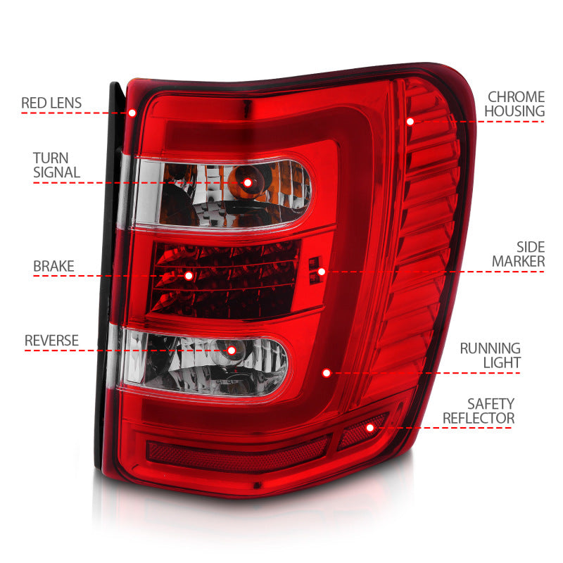 Load image into Gallery viewer, ANZO 1999-2004 Jeep Grand Cherokee LED Tail Lights w/ Light Bar Chrome Housing Red/Clear Lens
