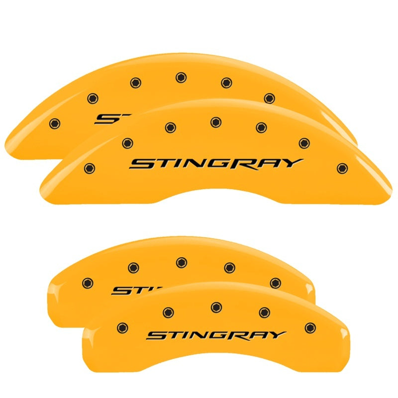 Load image into Gallery viewer, MGP 4 Caliper Covers Engraved Front &amp; Rear Stingray Yellow finish black ch
