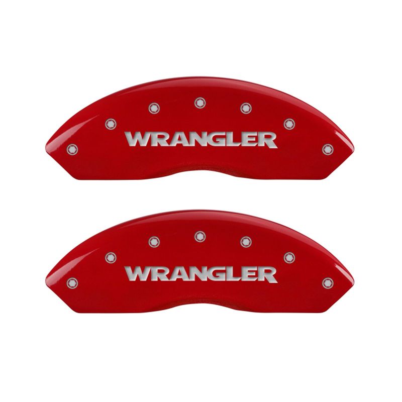 Load image into Gallery viewer, MGP 4 Caliper Covers Engraved Front &amp; Rear WRANGLER Red finish silver ch
