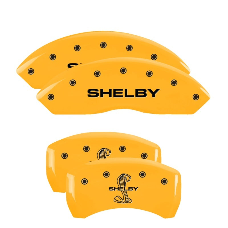 Load image into Gallery viewer, MGP 4 Caliper Covers Engraved Front Shelby Engraved Rear Tiffany Snake Yellow finish black ch
