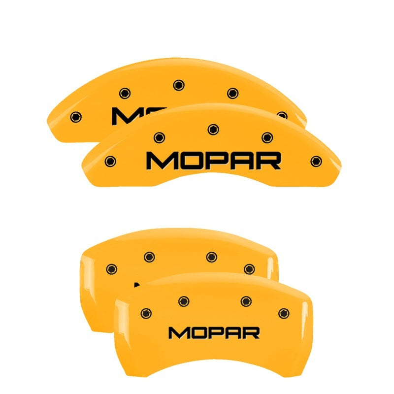 Load image into Gallery viewer, MGP 4 Caliper Covers Engraved Front &amp; Rear MOPAR Yellow finish black ch

