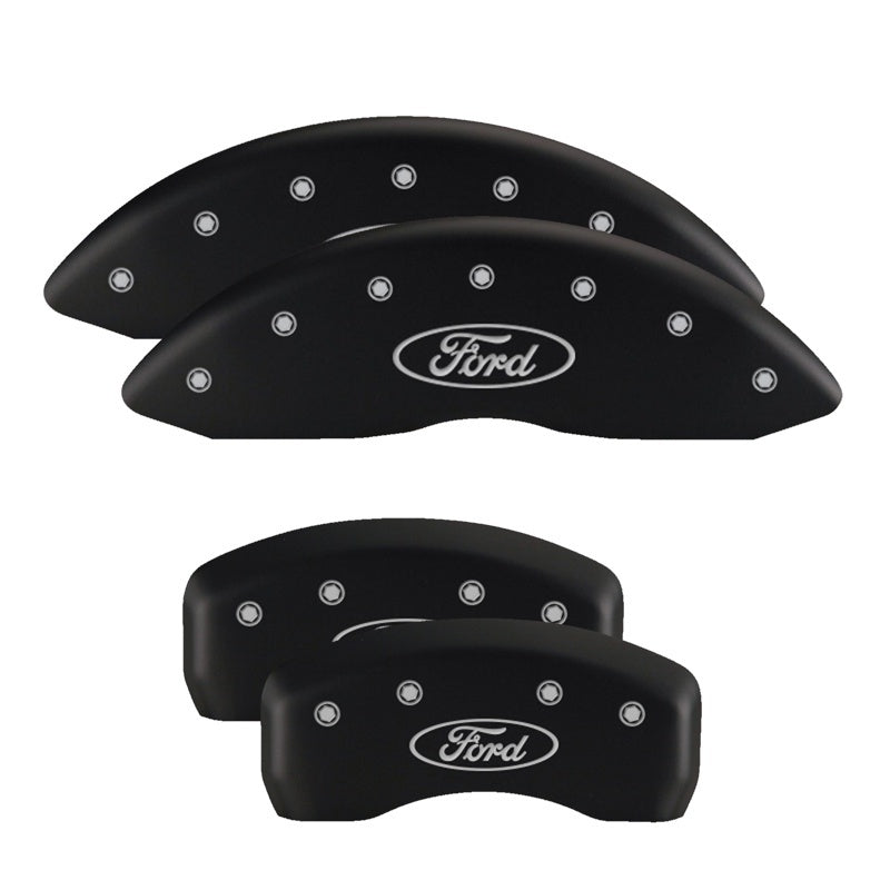 Load image into Gallery viewer, MGP 4 Caliper Covers Engraved Front &amp; Rear Oval logo/Ford Black finish silver ch
