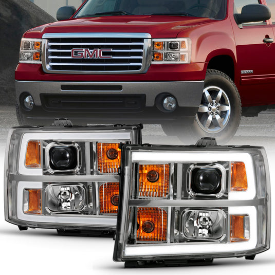 ANZO 2007-2013 Gmc Sierra 1500 Projector Headlight Plank Style Chrome w/ Clear Lens Amber