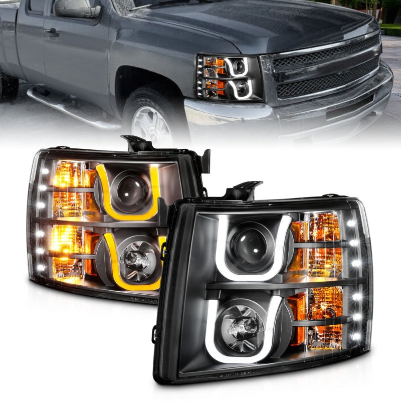 Load image into Gallery viewer, ANZO 2007-2013 Chevrolet Silverado 1500/2500 Projector Headlights w/ U-Bar Switchback Black w/ Amber
