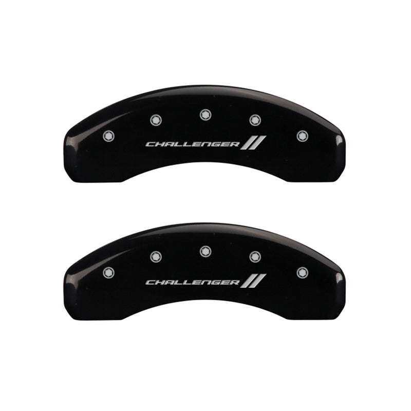 Load image into Gallery viewer, MGP 4 Caliper Covers Engraved Front &amp; Rear With stripes/Challenger Black finish silver ch
