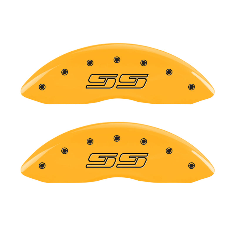 Load image into Gallery viewer, MGP 4 Caliper Covers Engraved Front &amp; Rear Avalanche style/SS Yellow finish black ch
