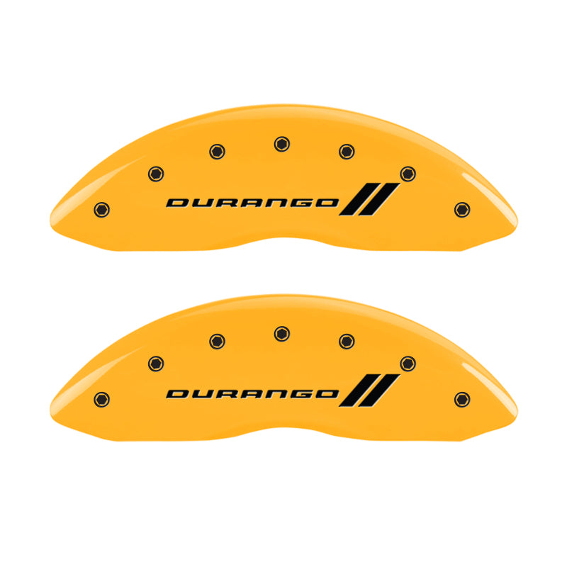 Load image into Gallery viewer, MGP 4 Caliper Covers Engraved F &amp; R w/ Stripes/Durango Yellow Finish Black Char 2006 Dodge Durango
