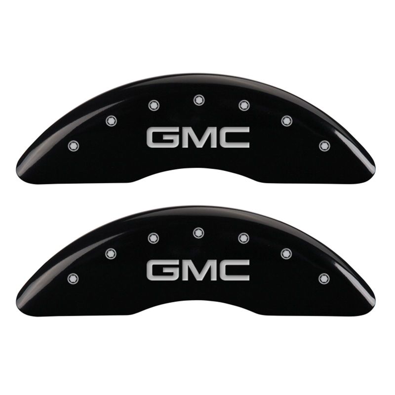 Load image into Gallery viewer, MGP 4 Caliper Covers Engraved Front &amp; Rear GMC Black finish silver ch
