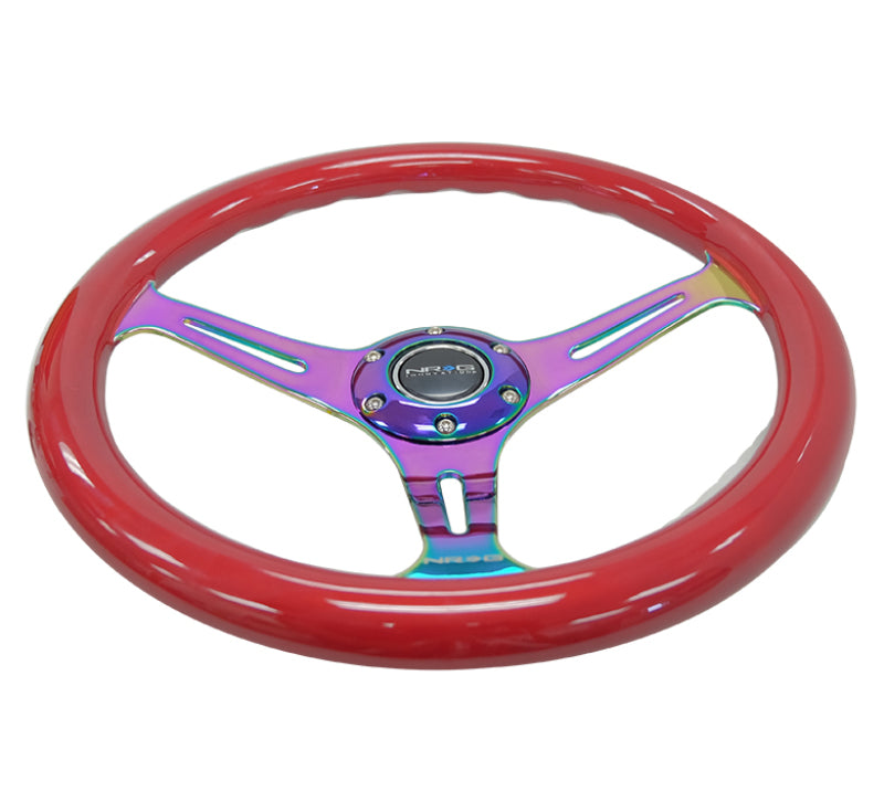 Load image into Gallery viewer, NRG Classic Wood Grain Steering Wheel (350mm) Red Grip w/Neochrome 3-Spoke Center
