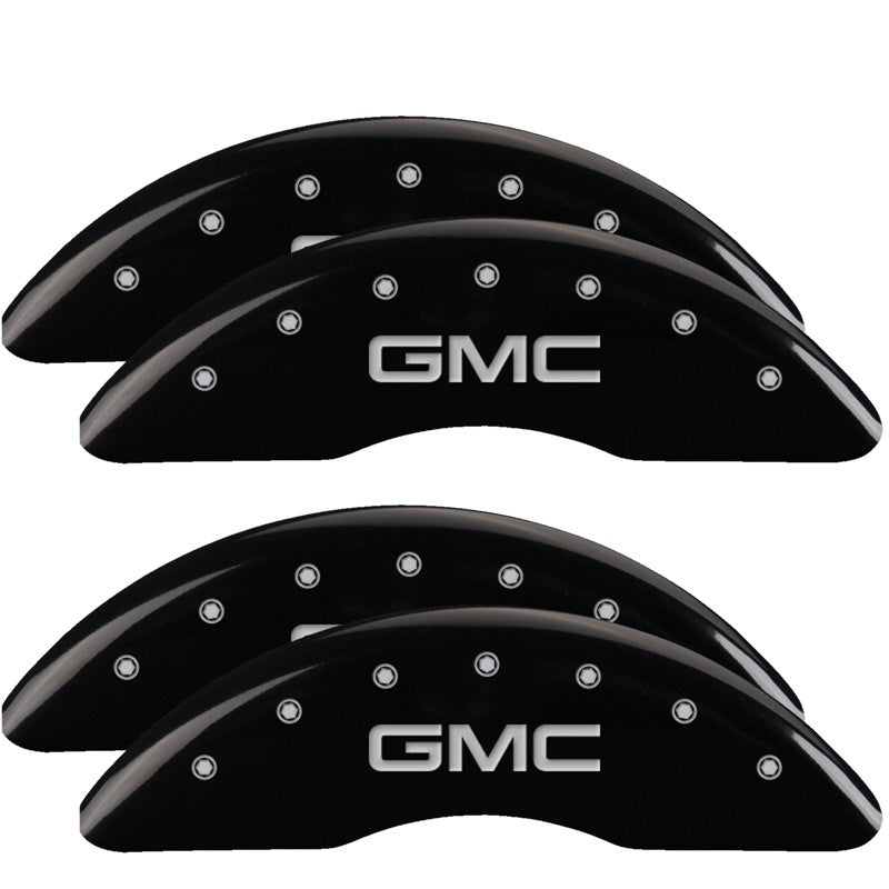 Load image into Gallery viewer, MGP 4 Caliper Covers Engraved Front &amp; Rear GMC Black finish silver ch
