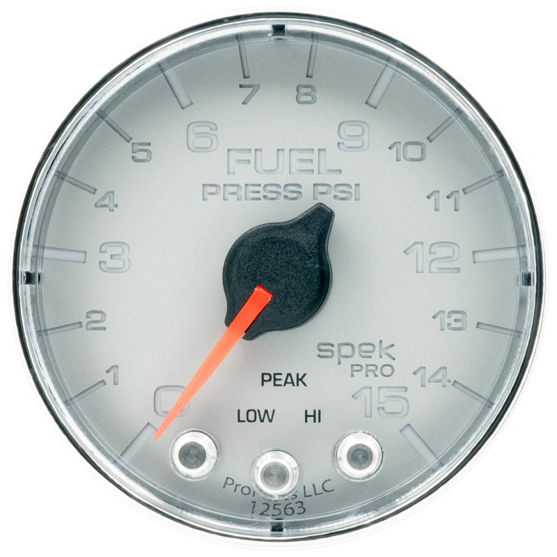 Load image into Gallery viewer, Autometer Spek-Pro Gauge Fuel Press 2 1/16in 15psi Stepper Motor W/Peak &amp; Warn Slvr/Chrm
