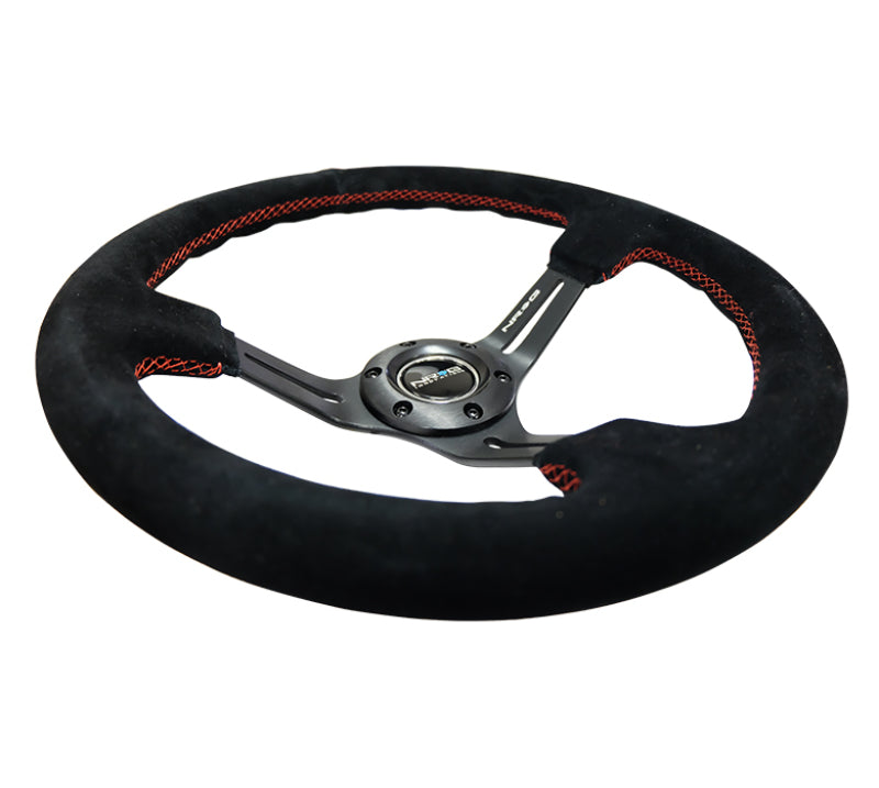 Load image into Gallery viewer, NRG Reinforced Steering Wheel (350mm / 3in. Deep) Blk Suede w/Red Stitching &amp; 5mm Spokes w/Slits

