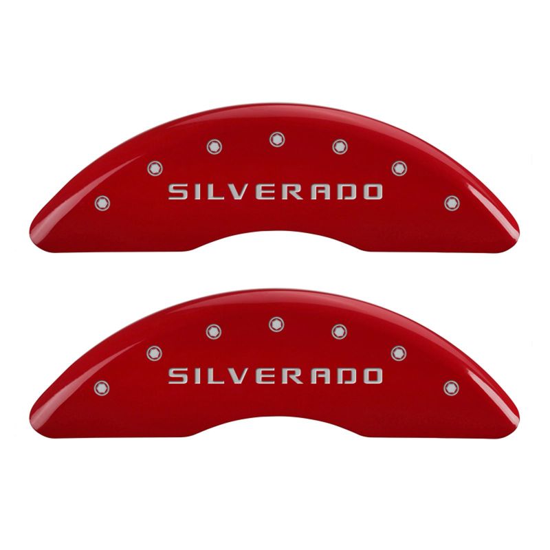 Load image into Gallery viewer, MGP 4 Caliper Covers Engraved Front &amp; Rear Silverado Yellow finish black ch
