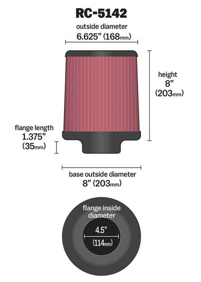 Load image into Gallery viewer, K&amp;N Universal Clamp-On Air Filter inch FLG 4.5inch Base 4 inch Top 4-1/2in FLG 8in Base
