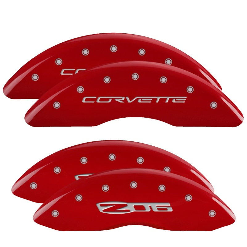Load image into Gallery viewer, MGP 4 Caliper Covers Engraved Front C6/Corvette Engraved Rear C6/Z06 Red finish silver ch
