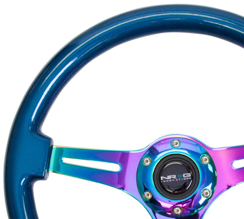 Load image into Gallery viewer, NRG Classic Wood Grain Steering Wheel (350mm) Blue Pearl/Flake Paint w/Neochrome 3-Spoke Center
