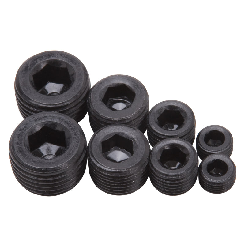 Load image into Gallery viewer, Edelbrock Fittings Pipe Plug Kit Internal Allen Head 1/8In 1/4In 3/8In 1/2In NPT Set of 8 Black
