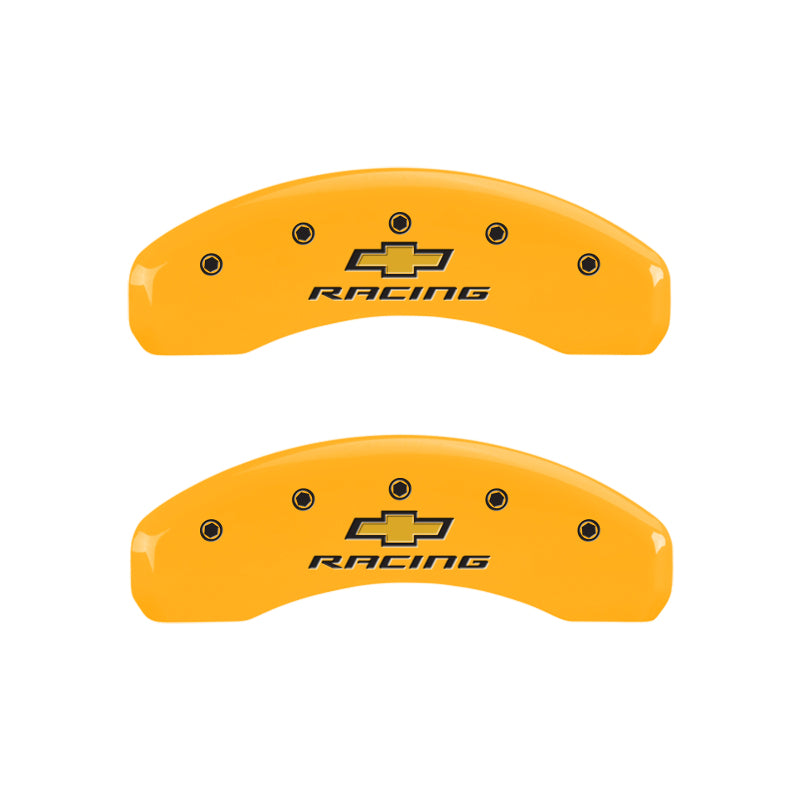 Load image into Gallery viewer, MGP 4 Caliper Covers Engraved Front &amp; Rear Chevy racing Yellow finish black ch

