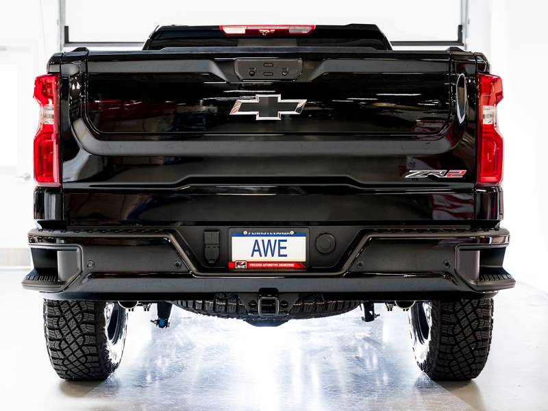 Load image into Gallery viewer, AWE Tuning 22-23 GMC Sierra 1500 AT4X 6.2L 0FG Catback Split Dual (Flat Bumper) - Bashguard(No Tips)
