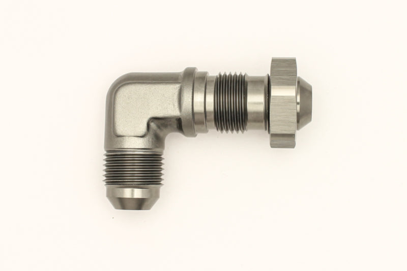 Load image into Gallery viewer, DeatschWerks 8AN Male Flare To 8AN Male Flare Bulkhead Adapter 90-Degree (Incl. Nut)
