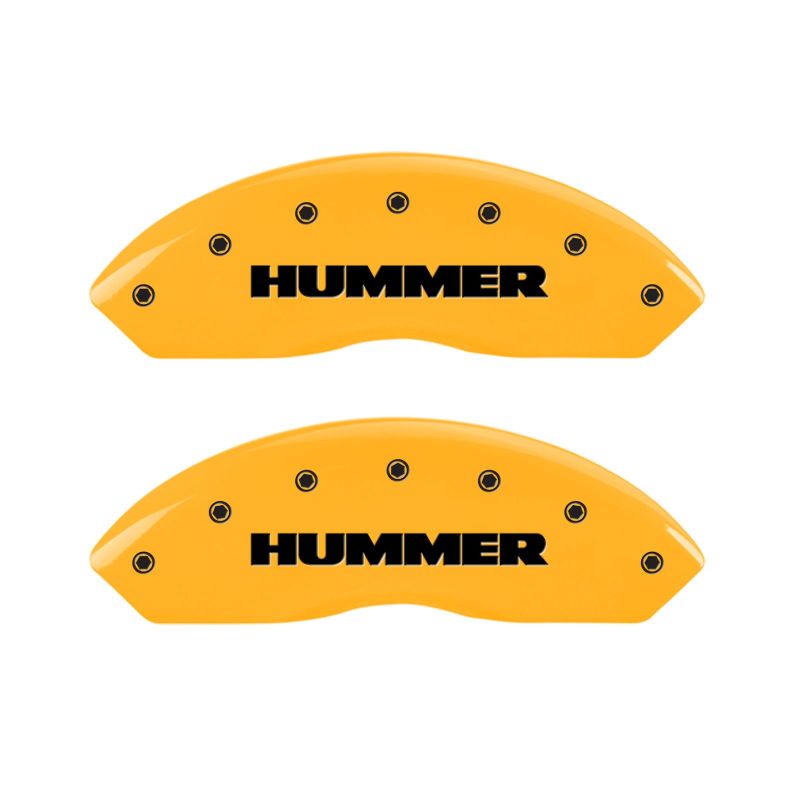 Load image into Gallery viewer, MGP 4 Caliper Covers Engraved Front &amp; Rear Hummer Yellow Finish Black Char 2010 Hummer H3T
