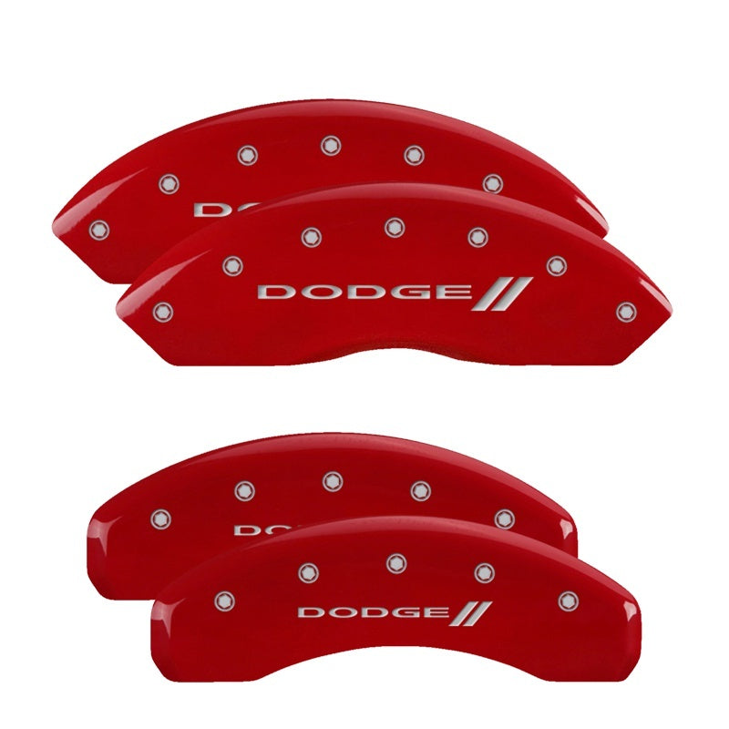 Load image into Gallery viewer, MGP 4 Caliper Covers Engraved Front Block/Challenger Engraved Rear Vintage Style/RT Red fnsh slvr ch
