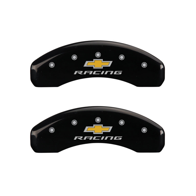 Load image into Gallery viewer, MGP 4 Caliper Covers Engraved Front &amp; Rear Chevy racing Black finish silver ch
