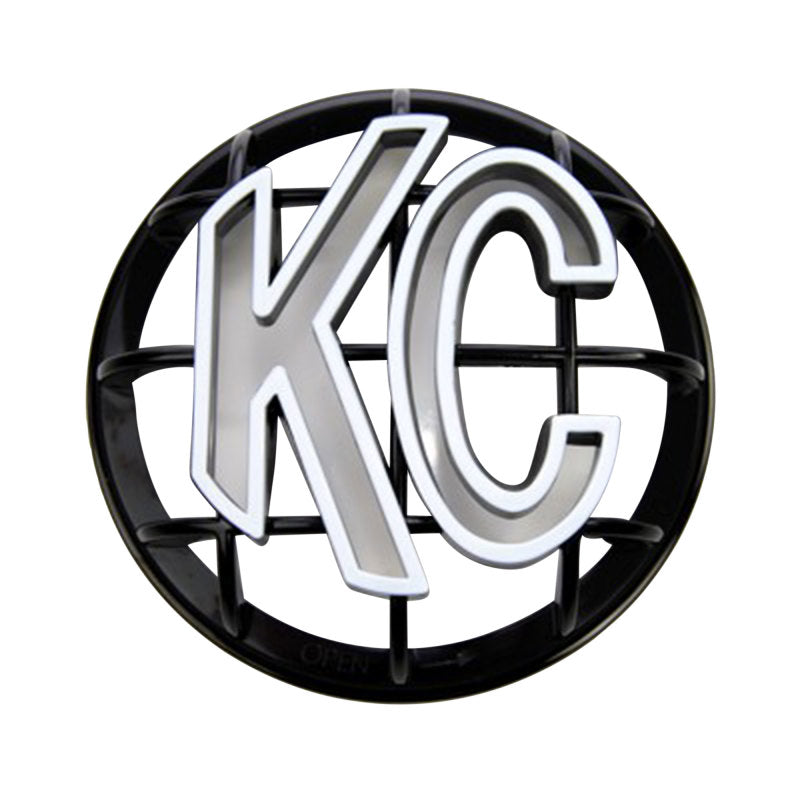 Load image into Gallery viewer, KC HiLiTES 5in. Round ABS Stone Guard for Apollo Lights (Single) - Black w/White KC Logo
