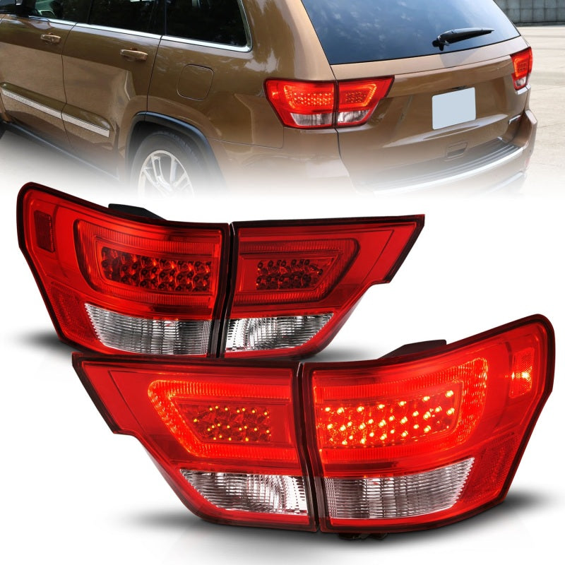 Load image into Gallery viewer, ANZO 11-13 Jeep Grand Cherokee LED Taillights w/ Lightbar Chrome Housing Red/Clear Lens 4pcs
