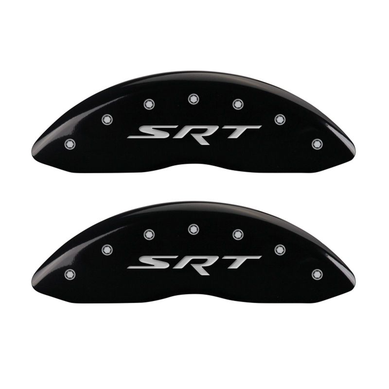 Load image into Gallery viewer, MGP 4 Caliper Covers Engraved Front &amp; Rear SRT Black finish silver ch
