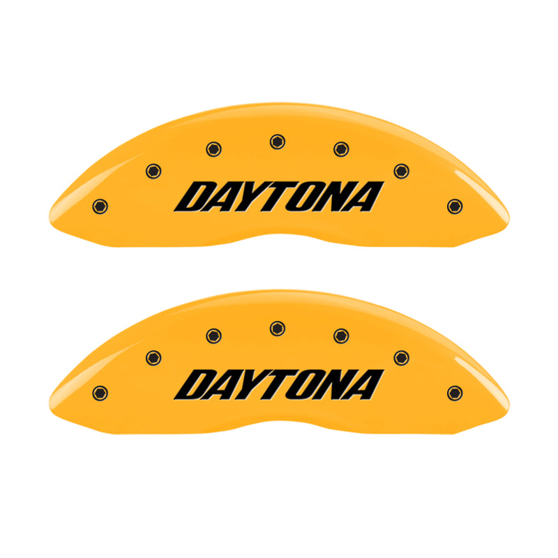 Load image into Gallery viewer, MGP 4 Caliper Covers Engraved Front &amp; Rear Daytona Yellow finish black ch
