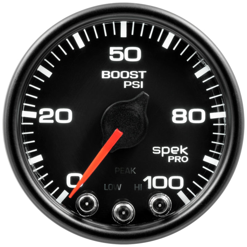 Load image into Gallery viewer, Autometer Spek-Pro Gauge Boost 2 1/16in 100psi Stepper Motor W/Peak &amp; Warn Blk/Blk
