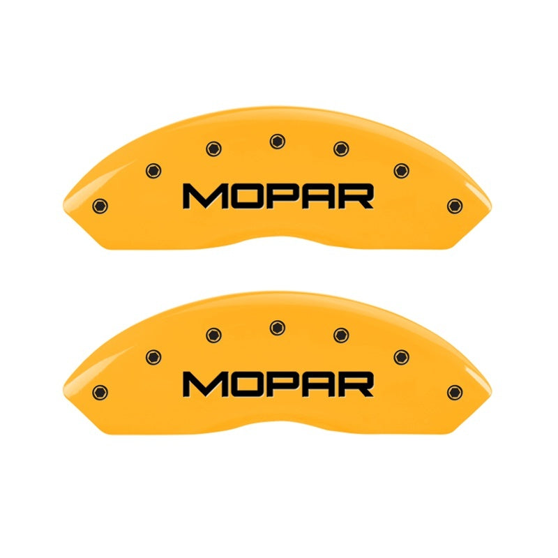 Load image into Gallery viewer, MGP 2 Caliper Covers Engraved Front Mopar Yellow Finish Black Char 2006 Jeep Wrangler
