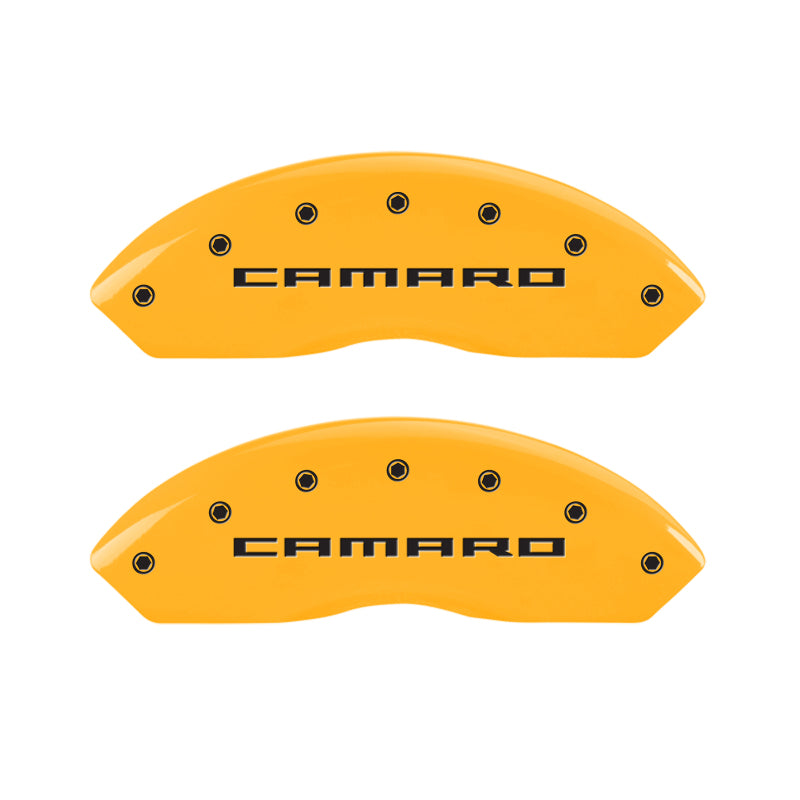 Load image into Gallery viewer, MGP 4 Caliper Covers Engraved Front &amp; Rear Gen 5/Camaro Yellow finish black ch
