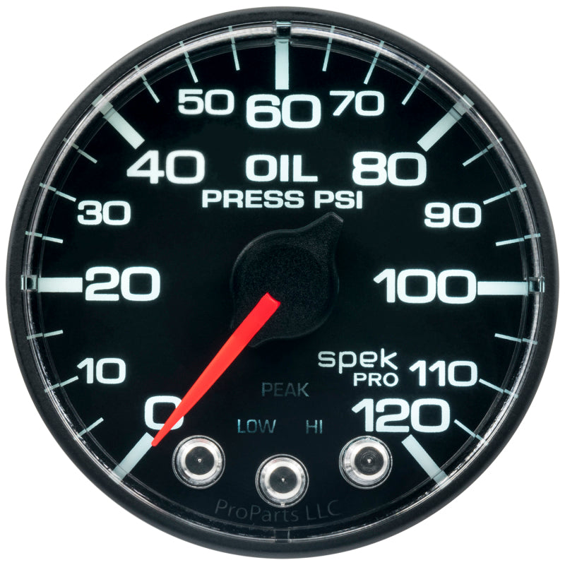 Load image into Gallery viewer, Autometer Spek-Pro Gauge Oil Press 2 1/16in 120psi Stepper Motor W/Peak &amp; Warn Blk/Blk
