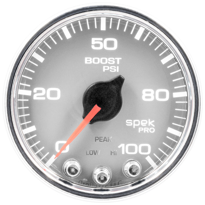 Load image into Gallery viewer, Autometer Spek-Pro Gauge Boost 2 1/16in 100psi Stepper Motor W/Peak &amp; Warn Slvr/Chrm
