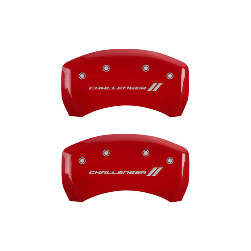 Load image into Gallery viewer, MGP 4 Caliper Covers Engraved Front &amp; Rear With stripes/Challenger Red finish silver ch
