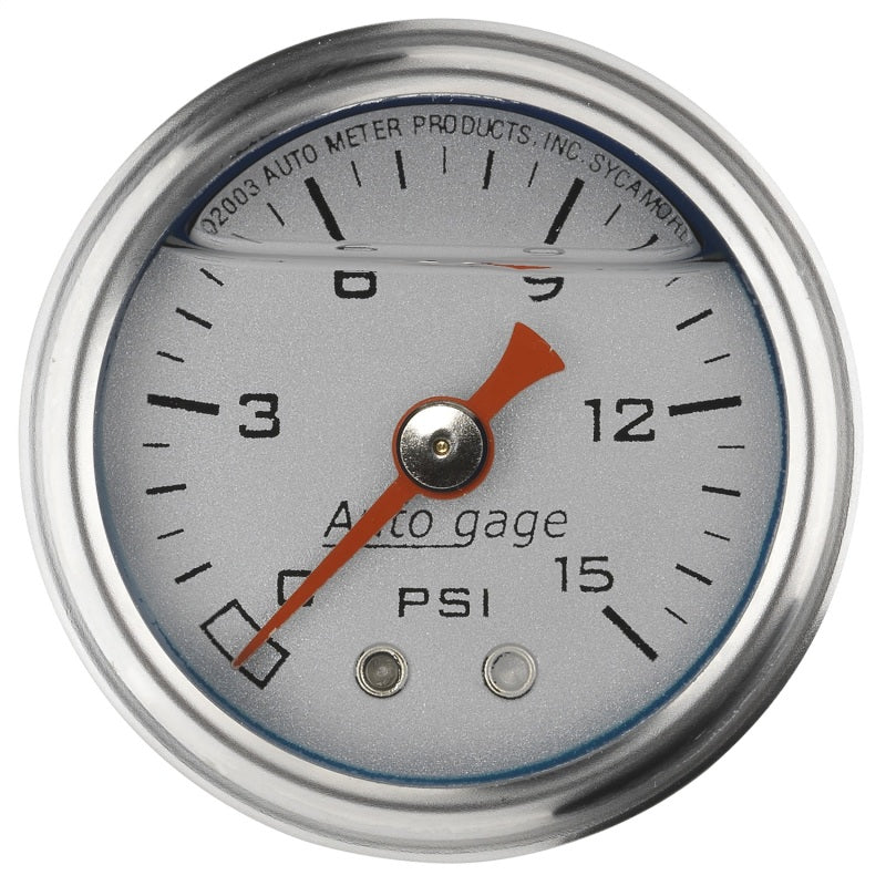 Load image into Gallery viewer, Autometer AutoGage 1.5in Liquid Filled Mechanical 0-15 PSI Fuel Pressure Gauge - Silver
