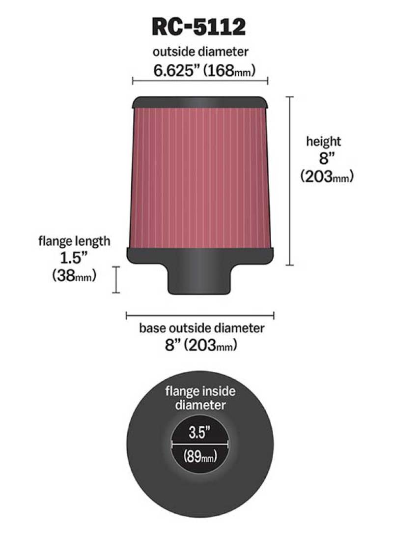 Load image into Gallery viewer, K&amp;N Filter Universal Rubber Filter 3.5in Flange 6.625in Top 8in Height Center Hole
