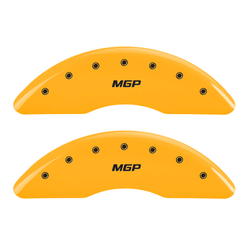 Load image into Gallery viewer, MGP 4 Caliper Covers Engraved Front &amp; Rear GMC Yellow finish black ch
