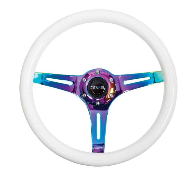 Load image into Gallery viewer, NRG Classic Wood Grain Steering Wheel (350mm) Glow-N-The-Dark Green Grip w/Neochrome 3-Spoke Center
