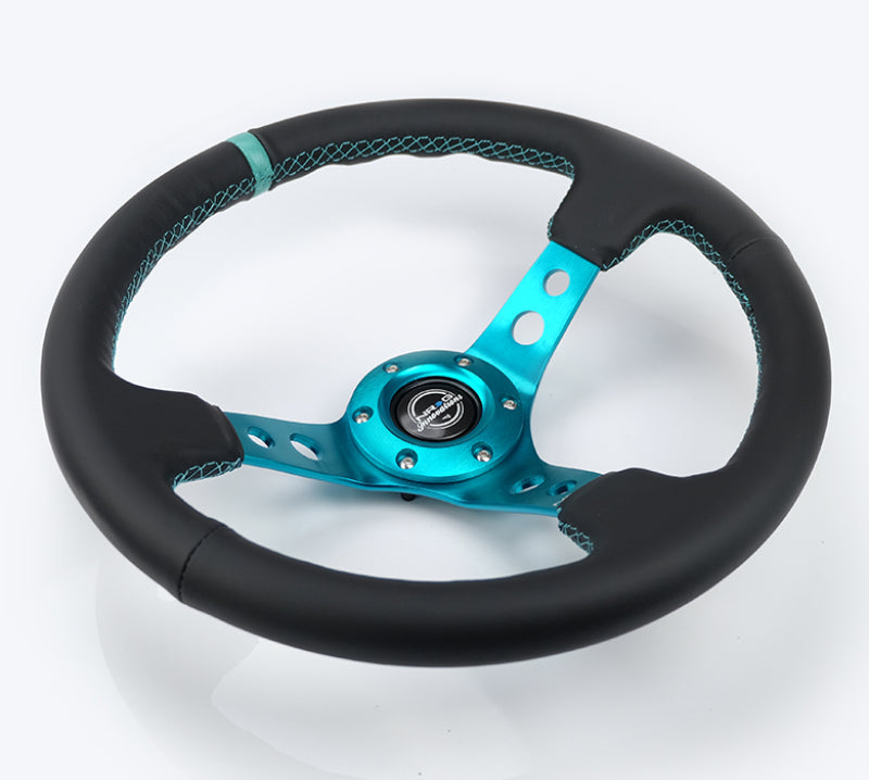 Load image into Gallery viewer, NRG Reinforce Steering Wheel (350mm / 3in. Deep) Blk Leather, Teal Center Mark w/ Teal Stitching
