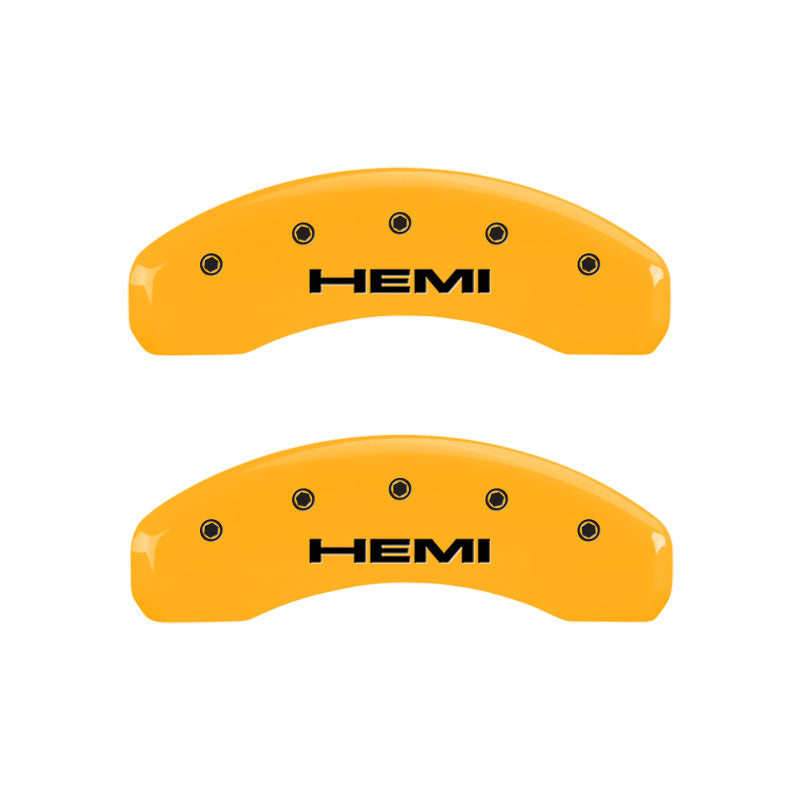 Load image into Gallery viewer, MGP 4 Caliper Covers Engraved Front &amp; Rear Hemi Yellow finish black ch
