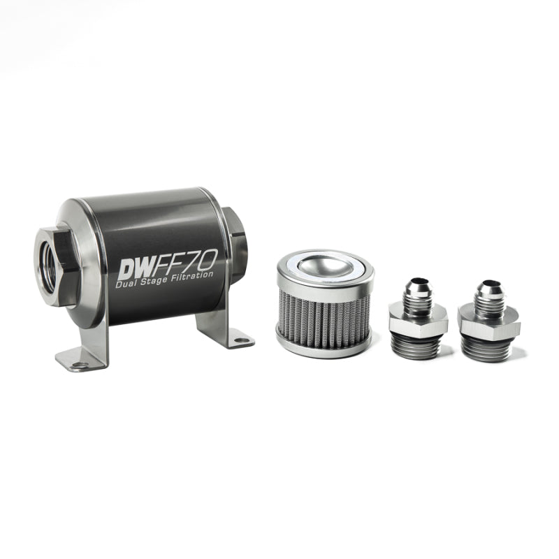 Load image into Gallery viewer, DeatschWerks Stainless Steel 6AN 10 Micron Universal Inline Fuel Filter Housing Kit (70mm)
