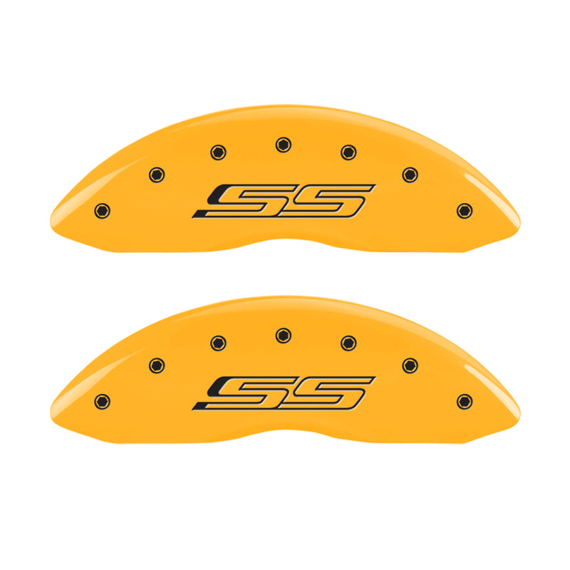 Load image into Gallery viewer, MGP 4 Caliper Covers Engraved Front &amp; Rear Gen 5/SS Yellow finish black ch
