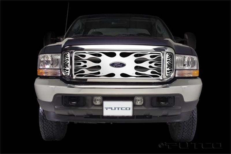 Load image into Gallery viewer, Putco 99-04 Ford SuperDuty w/ Logo CutOut (incl Side Vents) Flaming Inferno Stainless Steel Grille
