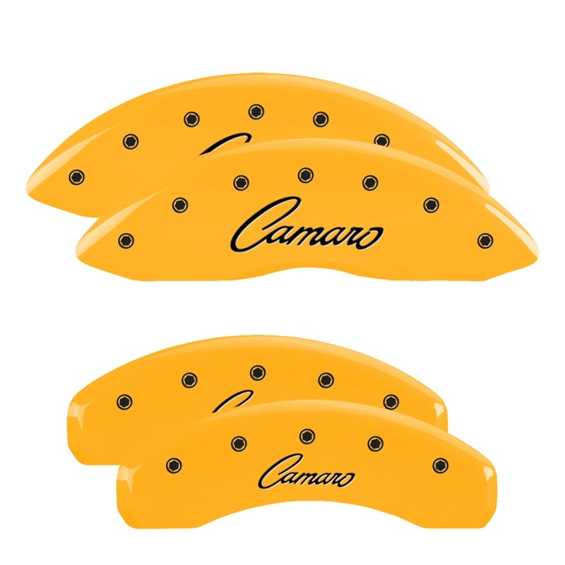 Load image into Gallery viewer, MGP 4 Caliper Covers Engraved Front &amp; Rear Cursive/Camaro Yellow finish black ch
